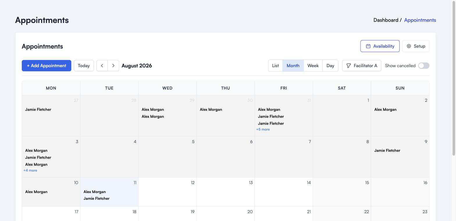 The Month view for August 2026, showing customer names on the days that have bookings, a plus five more link on a busy Friday, and today shaded