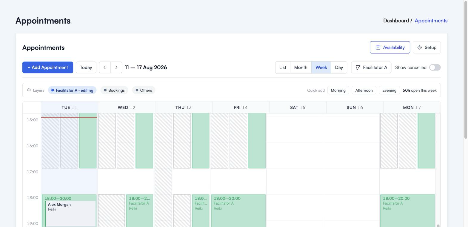 The Week view with the Layers bar, showing solid availability blocks, striped blocks for other facilitators, and an evening appointment with the customer name