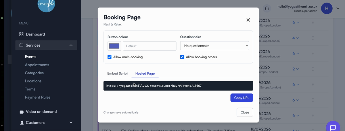 The Booking Page pop-up on the Hosted Page tab, showing the shareable link and Copy URL button