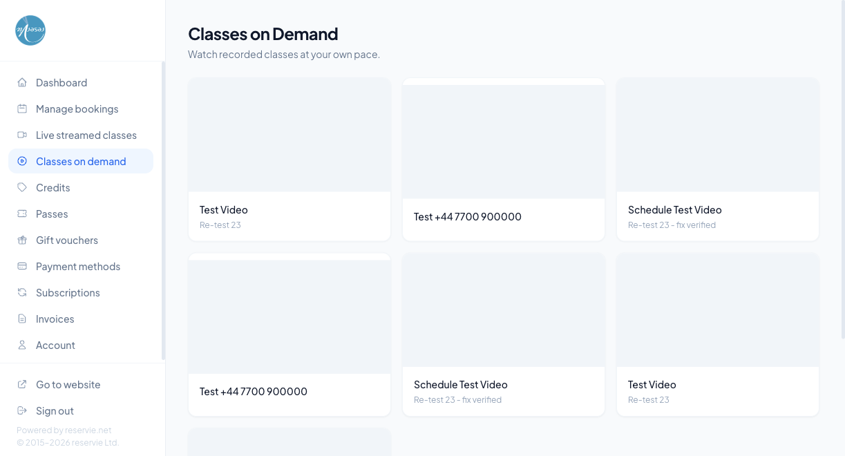 Customer Portal Classes on Demand page showing a grid of video thumbnails with titles and descriptions