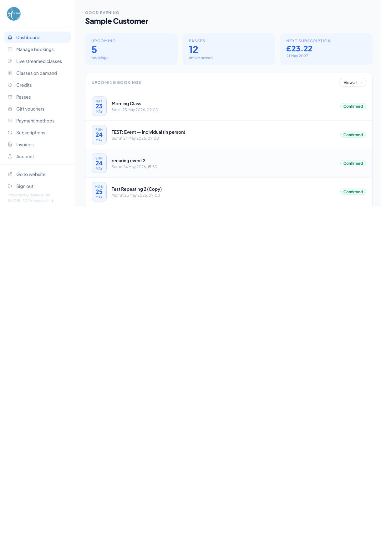 Customer Portal dashboard showing a "Good evening, Sample Customer" greeting, three summary cards (Upcoming bookings: 5, Active passes: 12, Next subscription payment: £23.22 on 21 May 2027), a list of Upcoming bookings, Upcoming payments, Active passes, Recent videos, and an Event history table