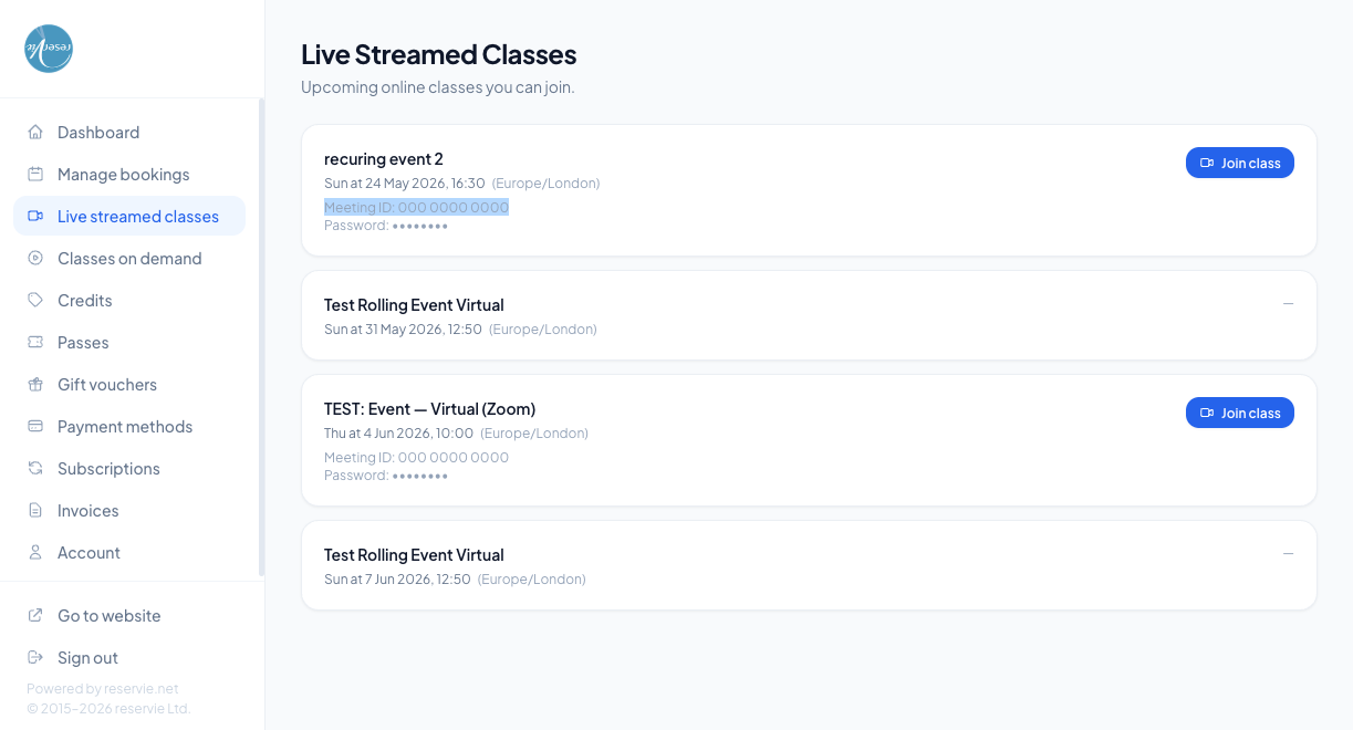 Customer Portal Live Streamed Classes page showing event cards with date, time, meeting ID, password and a Join class button. Sensitive credentials masked