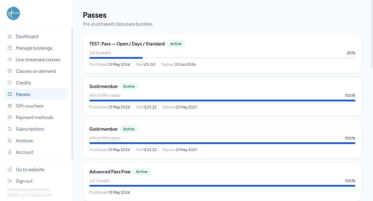 Customer Portal Passes page showing a grid of pass cards. Each card has the pass name, Active status, credit usage progress bar, purchase date, paid amount, and expiry date