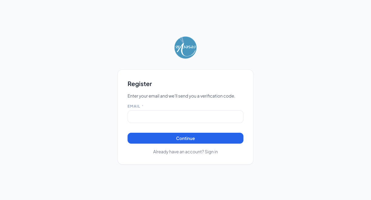 Customer Portal registration page showing the business logo, Register heading, an Email field, a disabled Continue button, and a link back to Sign in