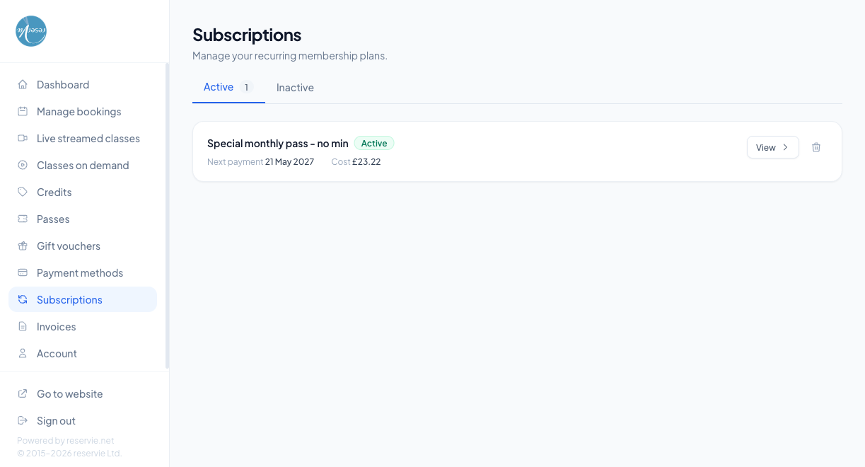 Customer Portal Subscriptions page showing the Subscriptions heading, Active and Inactive tabs, and a card with the subscription name, Active status, next payment date, monthly cost, View link and Cancel button