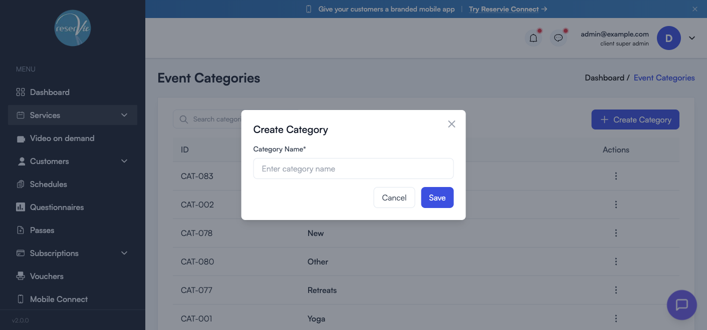 Create Category modal showing the Category Name input with Cancel and Save buttons