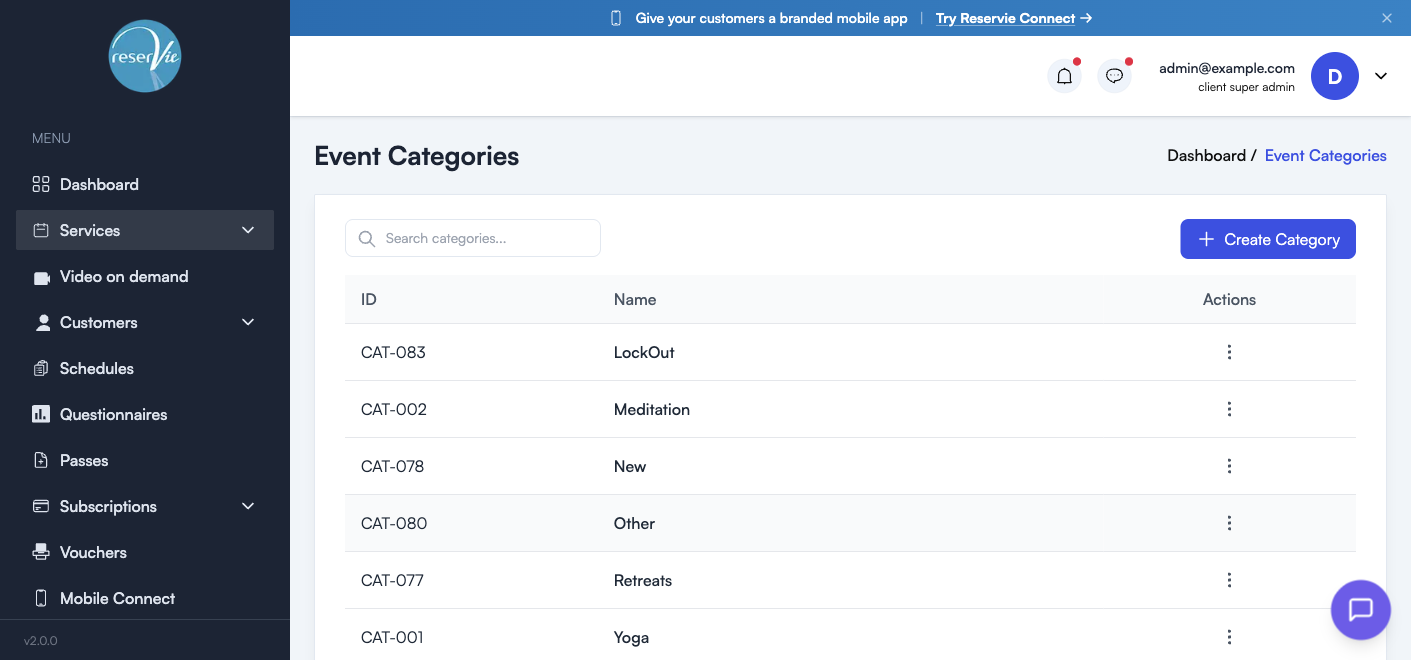 Categories list showing example categories like Yoga, Meditation, Retreats with ID, Name and Actions columns