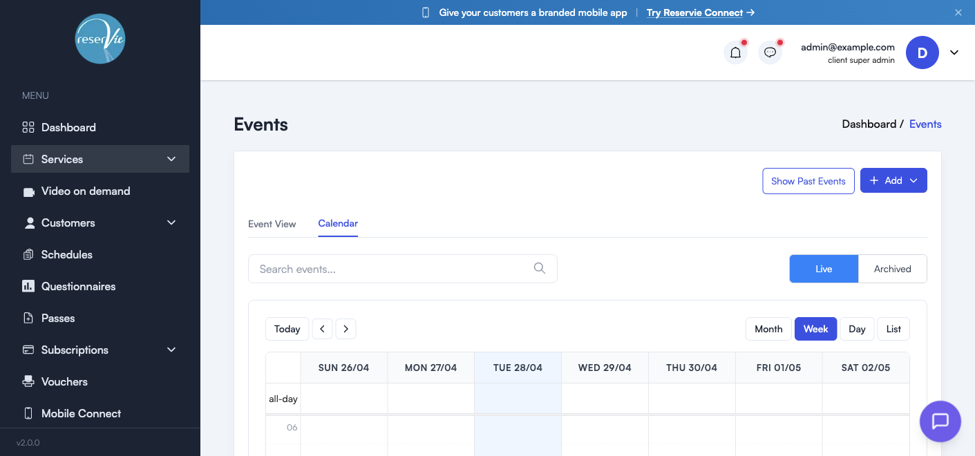 Calendar view showing the weekly grid with Today and prev/next navigation, plus Day/Week/Month/List toggles