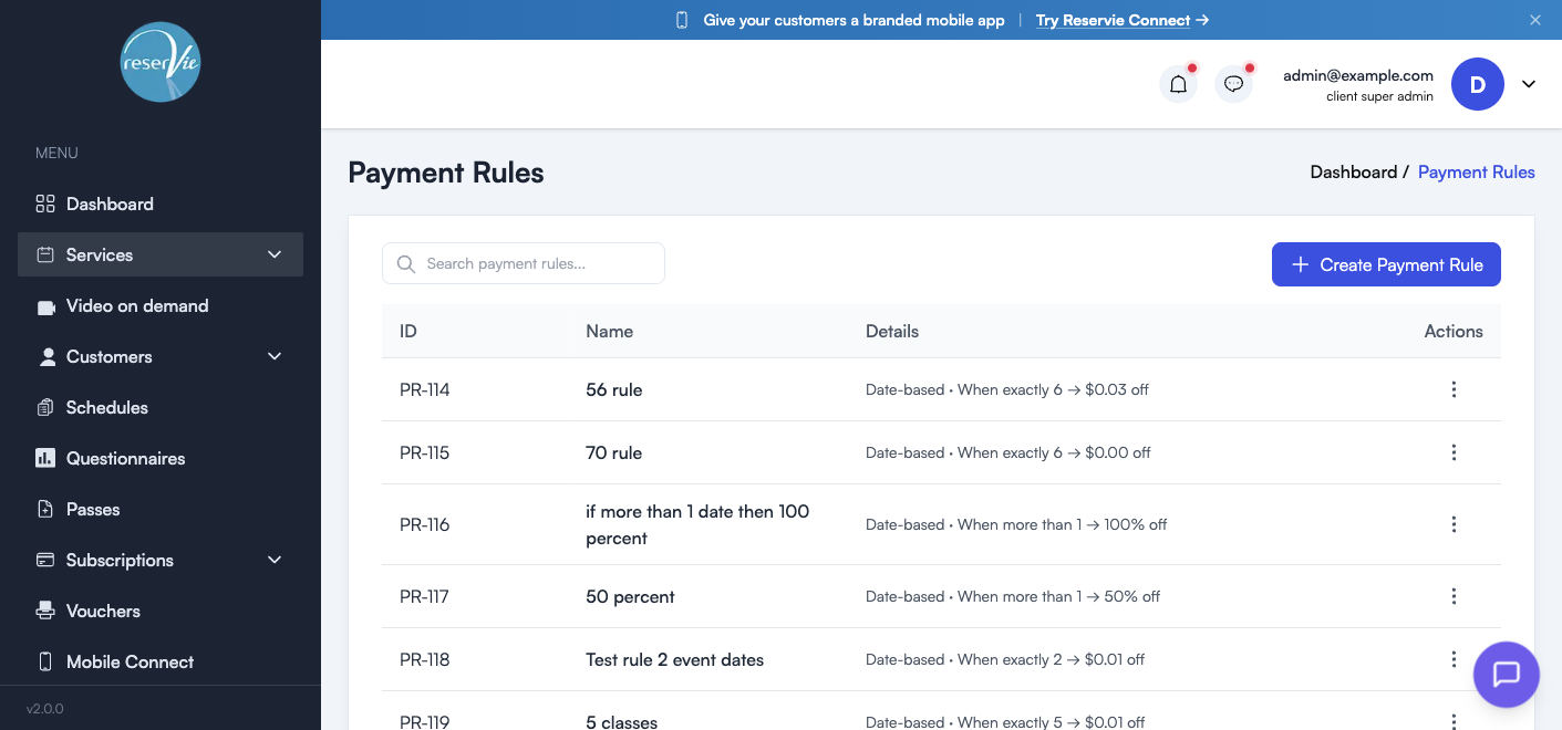 Payment Rules list showing example rules with ID, Name, Details (rule logic), and Actions columns
