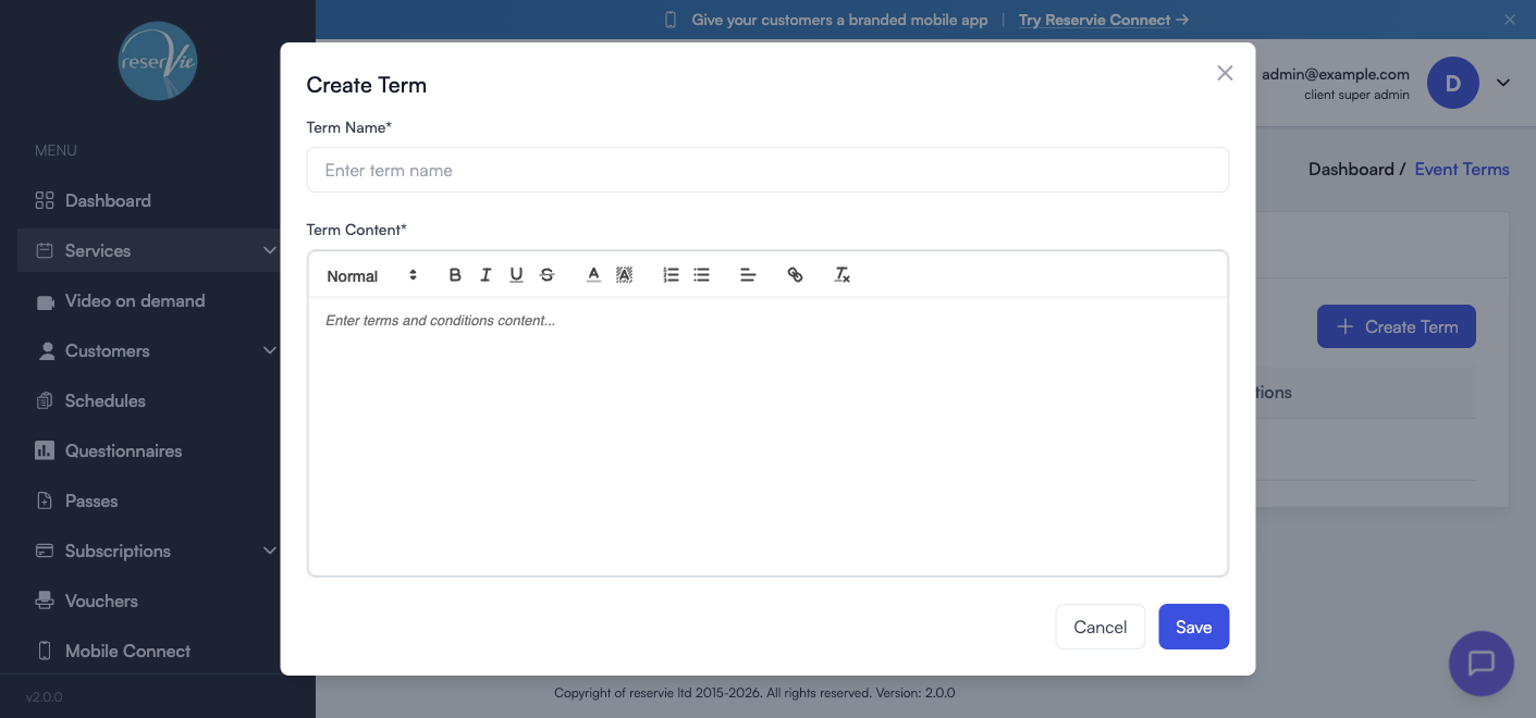 Create Term modal with Term Name field and a rich-text editor for Term Content