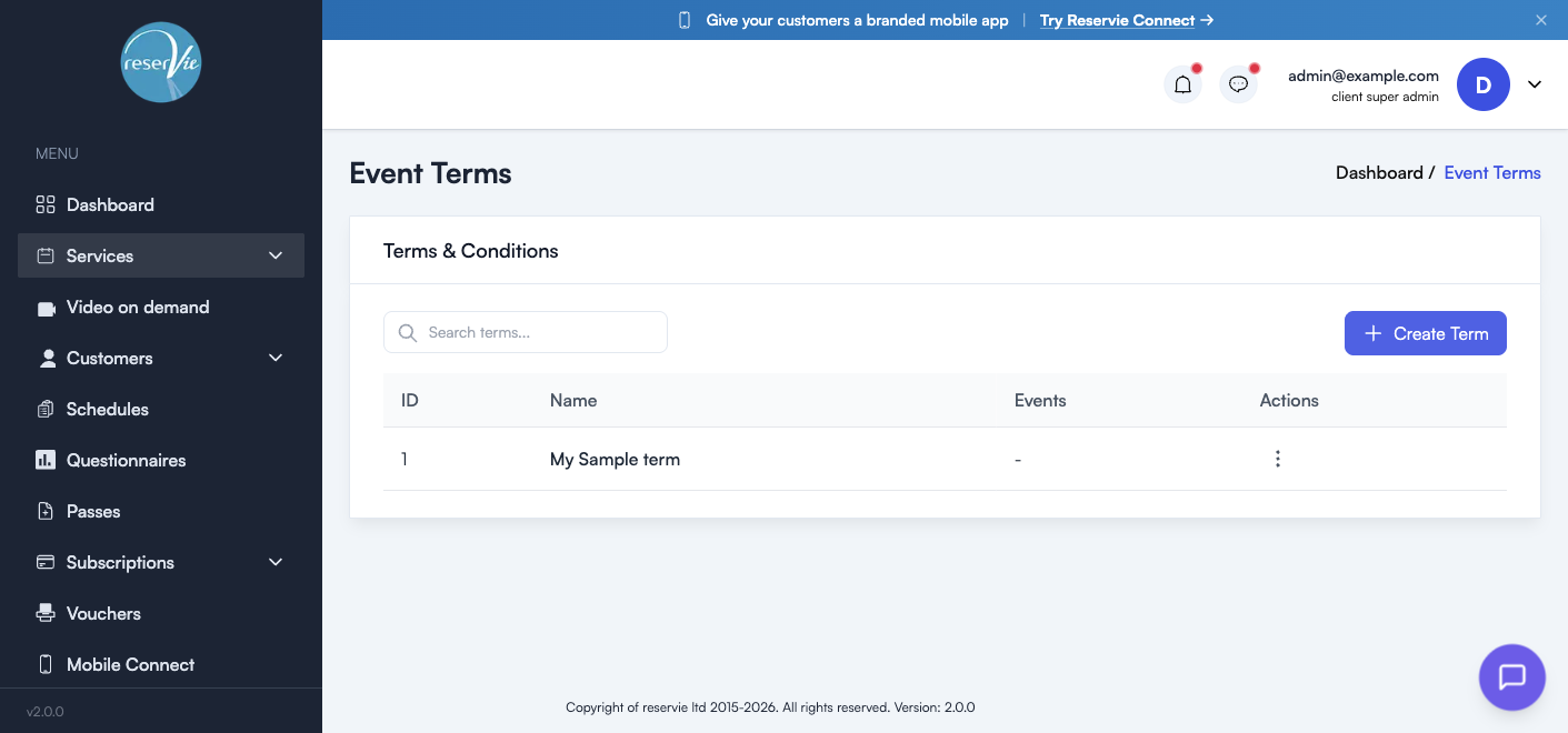 Event Terms list showing the Terms & Conditions table with ID, Name, Events count, and Actions columns