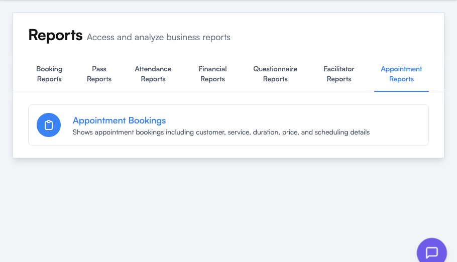 Appointment Reports tab showing the Appointment Bookings report