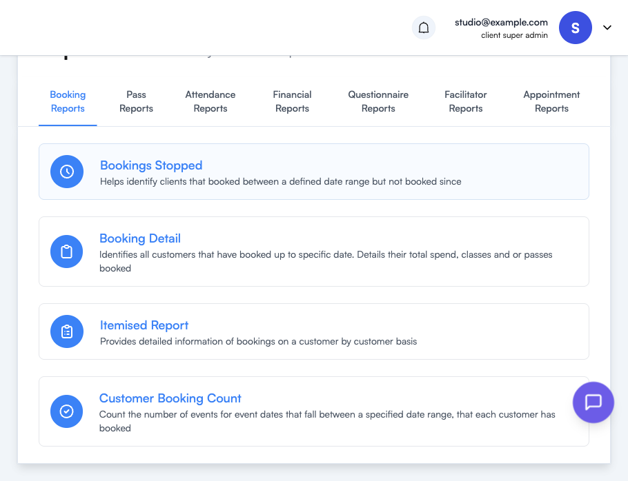 Booking Reports tab showing Bookings Stopped, Booking Detail, Itemised Report and Customer Booking Count