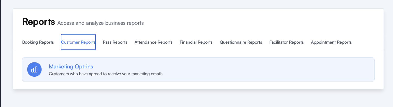 Reports page with the Customer Reports tab selected, showing the Marketing Opt-ins report card