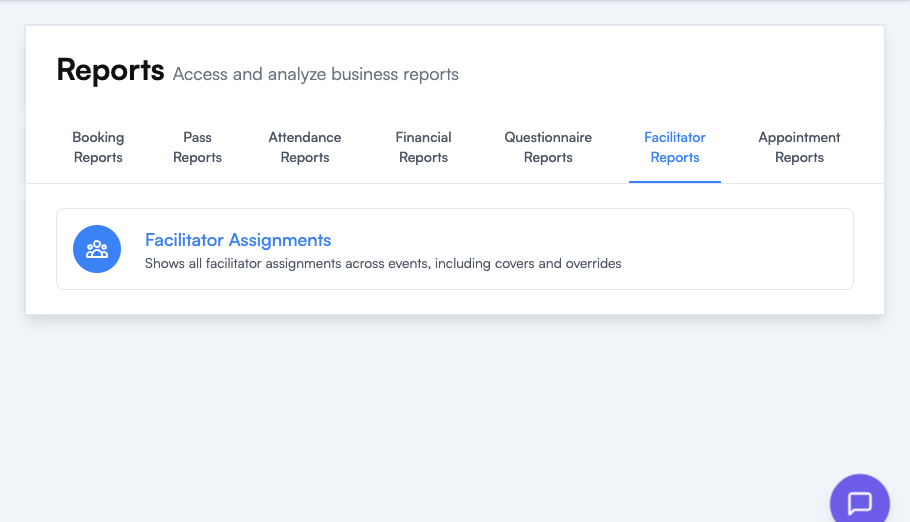 Facilitator Reports tab showing the Facilitator Assignments report