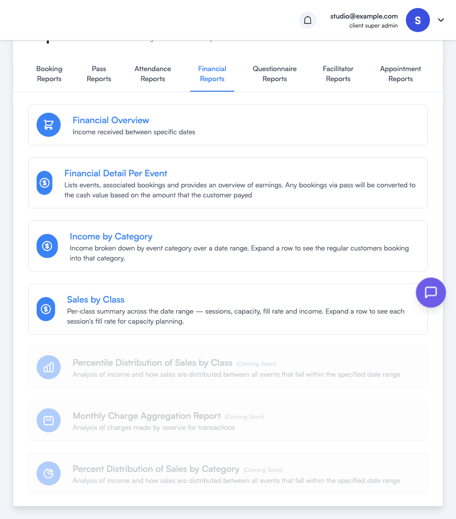 Financial Reports tab showing Financial Overview, Financial Detail Per Event, Income by Category and Sales by Class, plus three coming-soon reports
