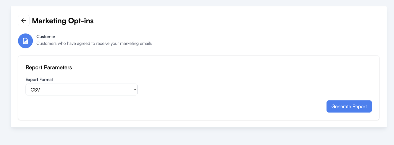 Marketing Opt-ins report page with the Export Format set to CSV and the Generate Report button
