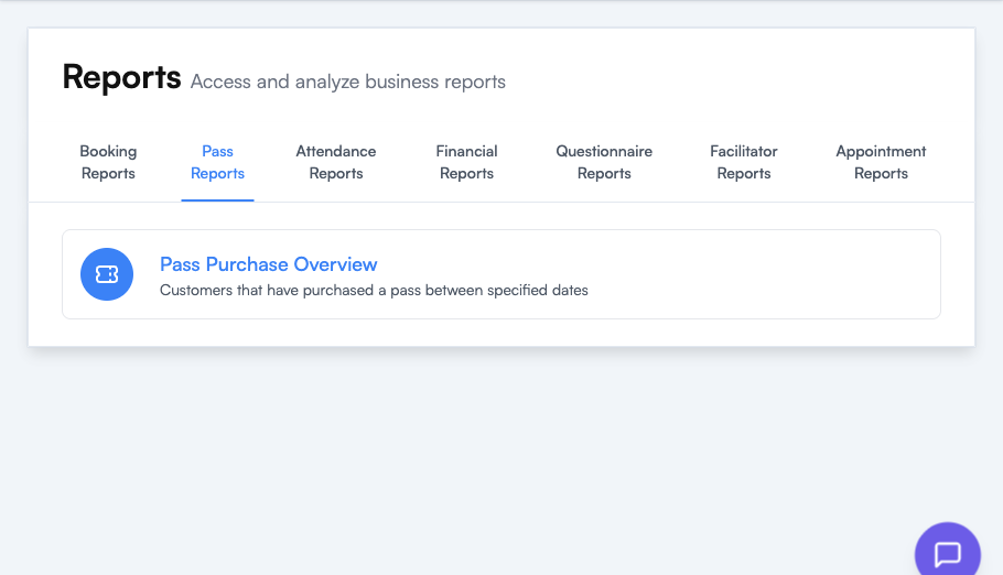 Pass Reports tab showing the Pass Purchase Overview report