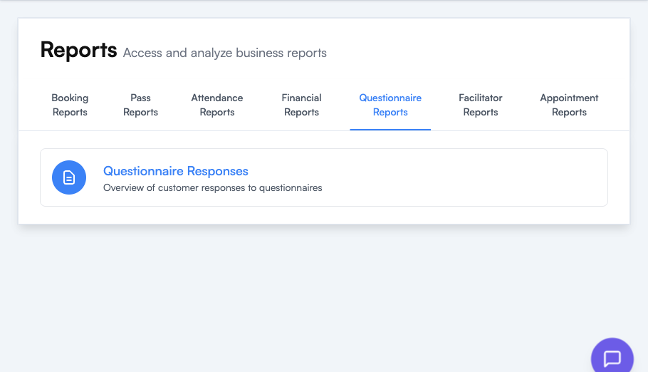 Questionnaire Reports tab showing the Questionnaire Responses report