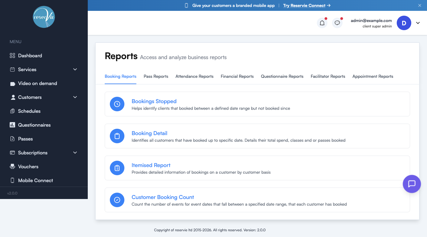 Reports landing page showing the seven tabs across the top with Booking Reports active, listing Bookings Stopped, Booking Detail, Itemised Report, and Customer Booking Count