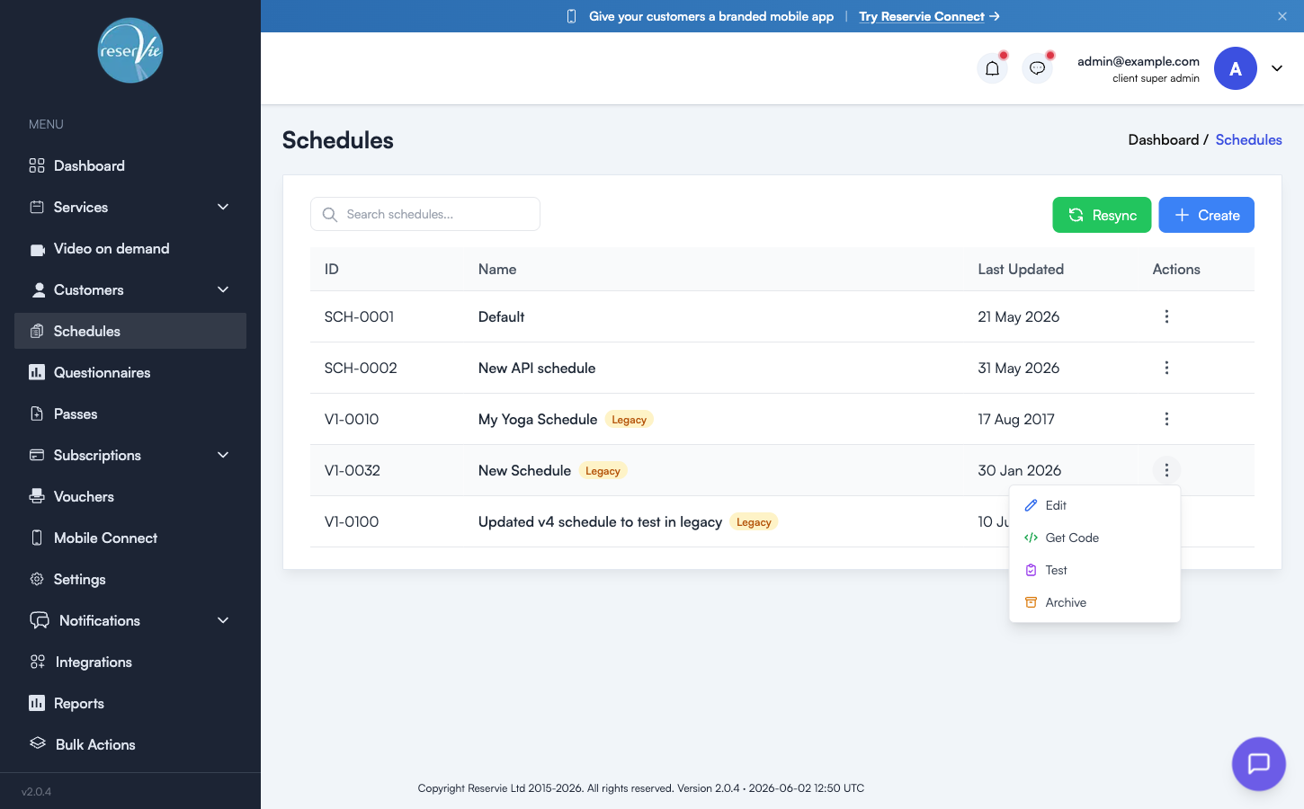 Ellipsis menu open on a legacy schedule row, showing Edit, Get Code, Test, Archive
