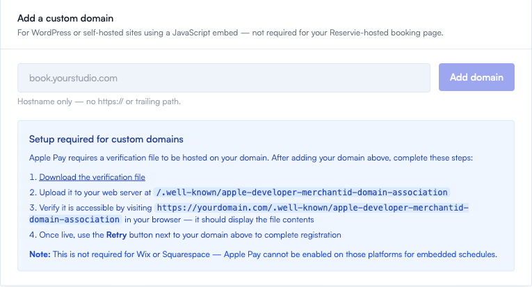 The Add a custom domain section: hostname input, Add domain button, and a Setup required panel listing the four verification steps for hosting the apple-developer-merchantid-domain-association file