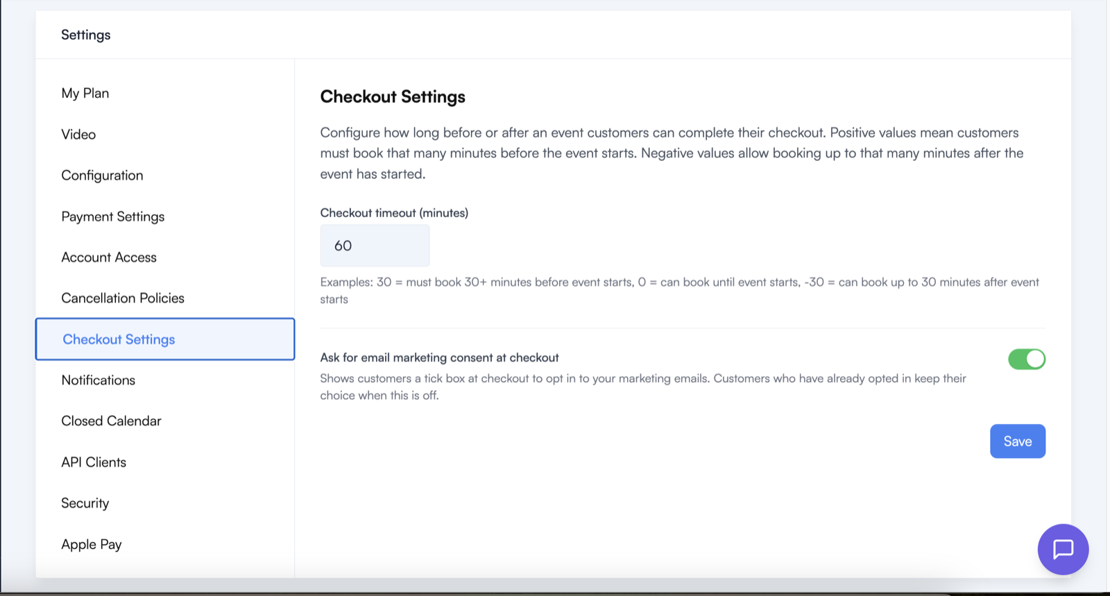 Checkout Settings page showing the checkout timeout field set to 60 minutes and the Ask for email marketing consent at checkout switch turned on