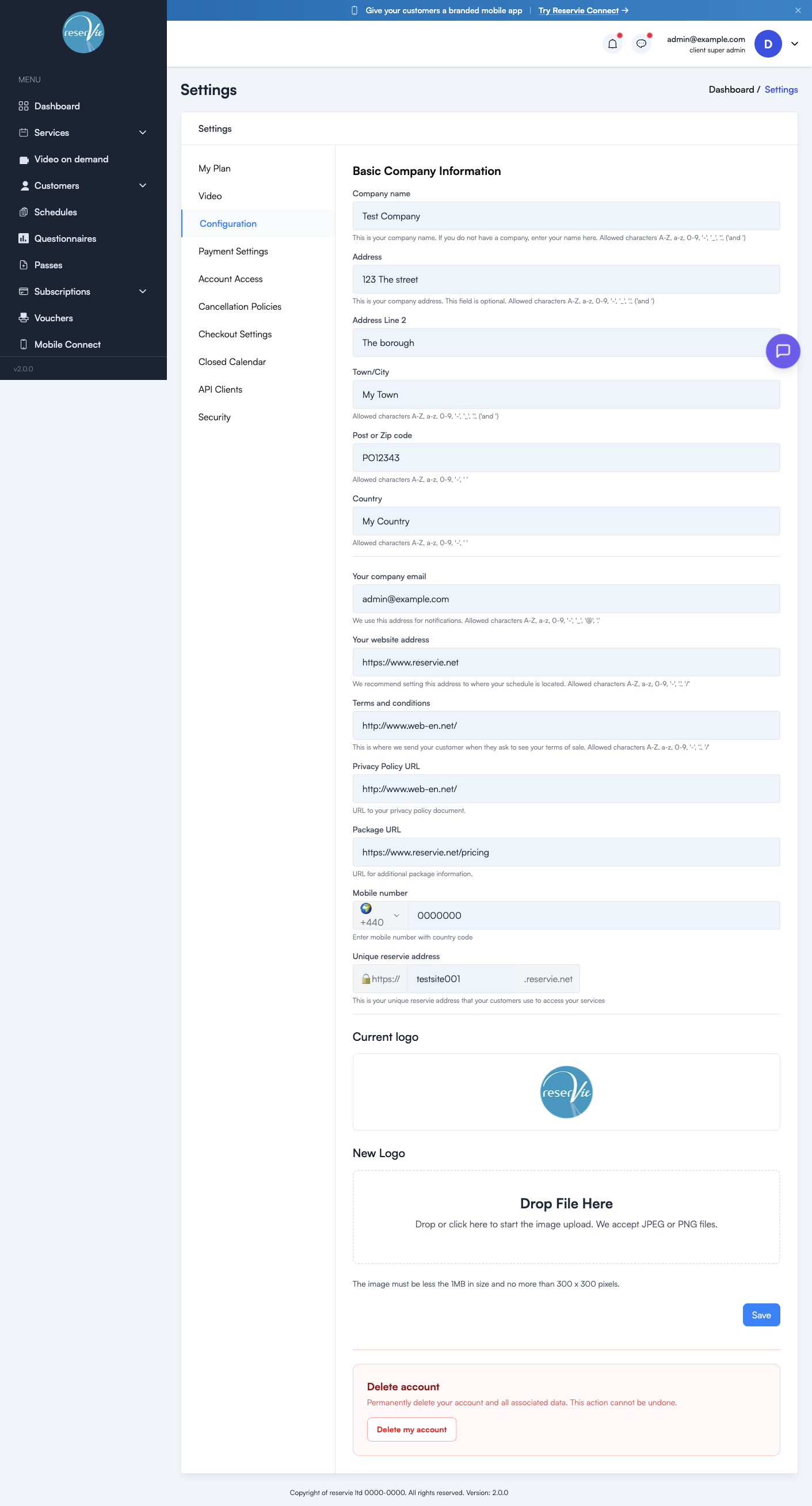 Configuration tab showing fields for Company name, Address, Town, Postal code, Country, Company email, Website address, Terms URL, Privacy Policy URL, Package URL, Mobile number, Unique reservie subdomain, plus Current and New logo upload areas