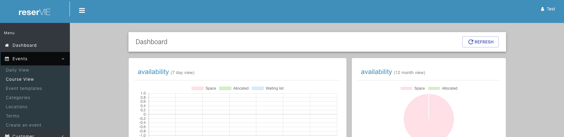 Step 2: reservie left menu showing events course view and daily view options