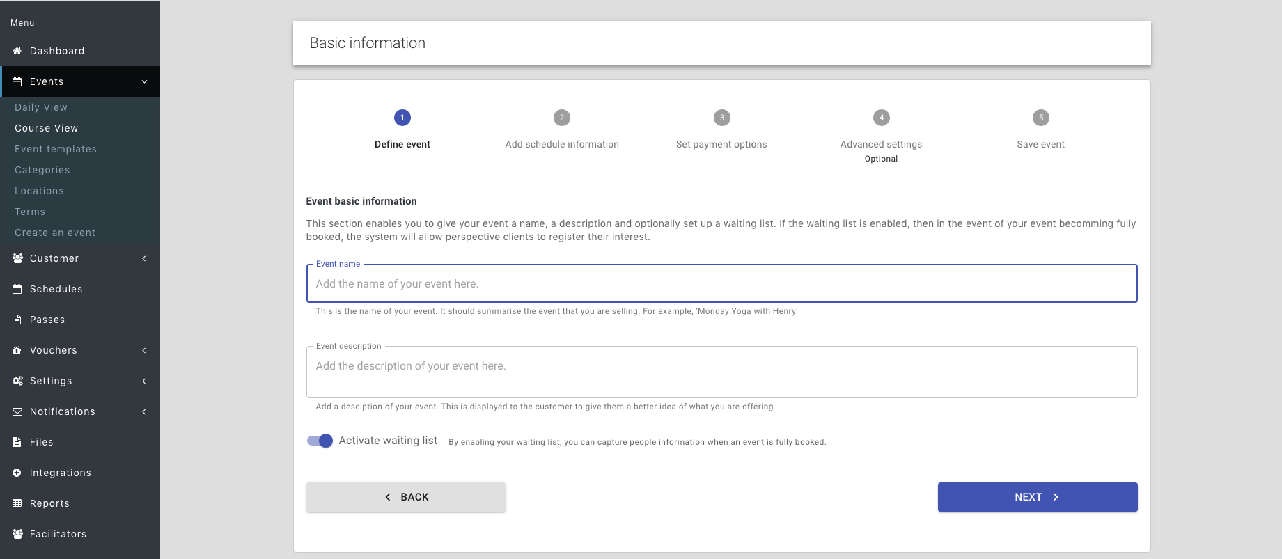 Step 5: reservie event wizard basic information with name and description fields