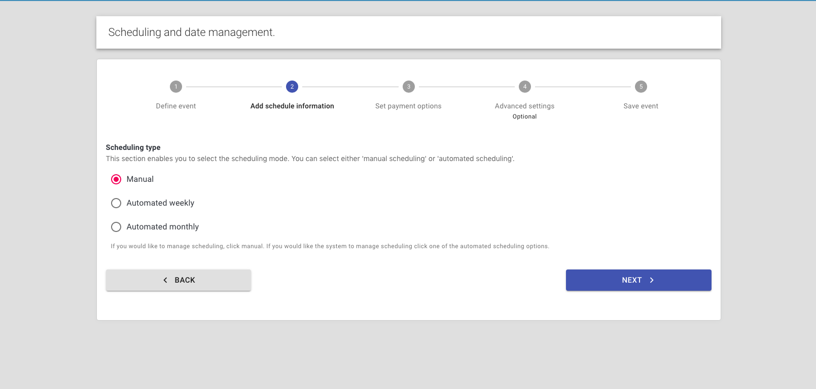 Step 6: reservie scheduling type options showing manual, weekly, and monthly