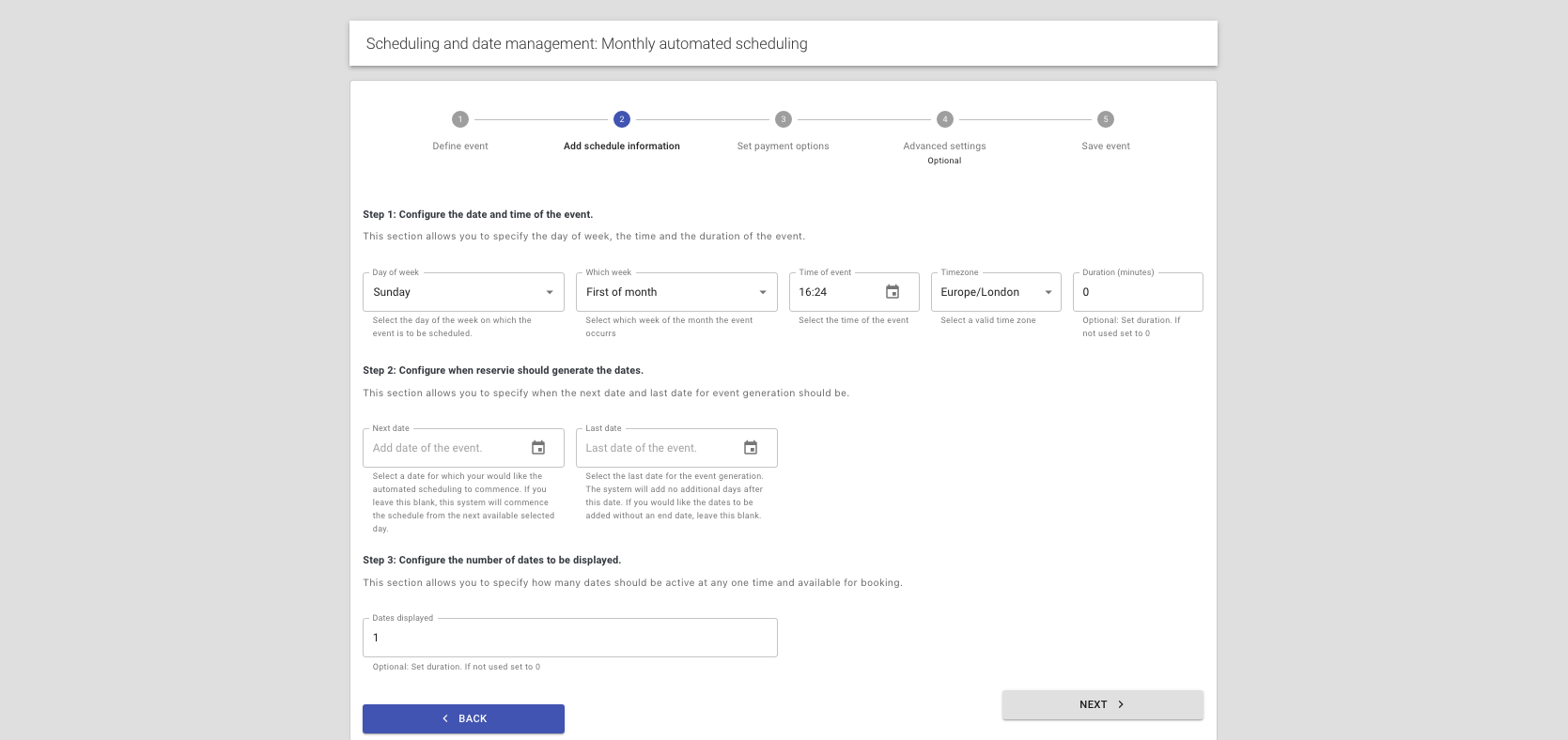 Step 8c: reservie automated monthly scheduling with week and day selections