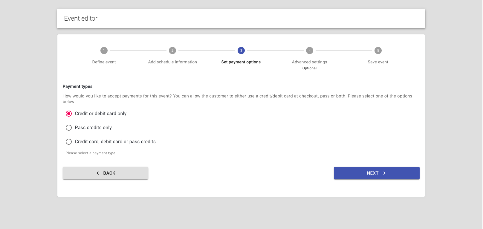 Step 9: reservie payment type options showing card, passes, and combined
