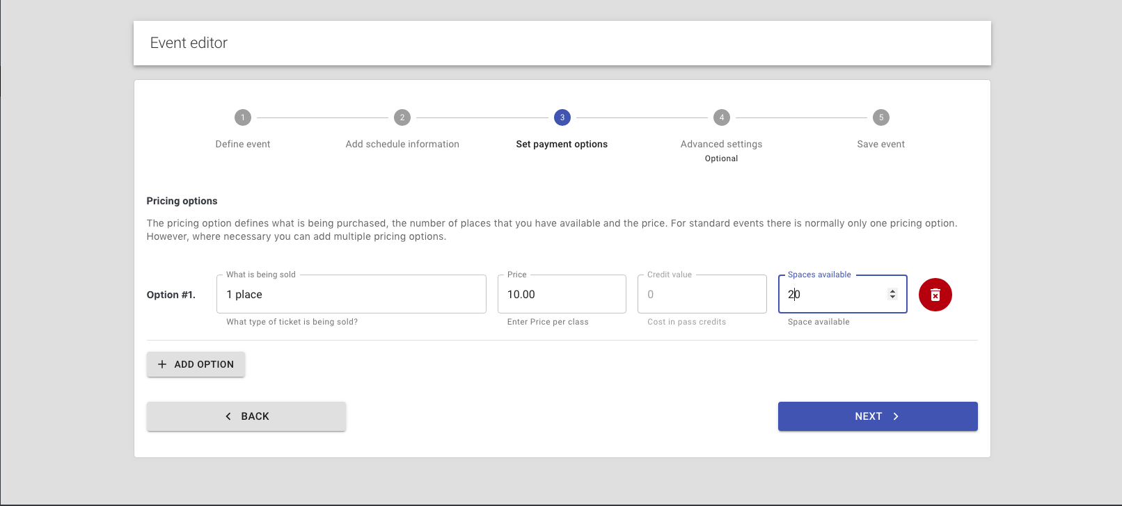 Step 10a: reservie pricing option form with name, price, and spaces fields