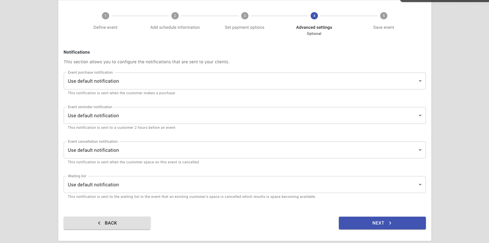 Step 11: reservie notification configuration for purchase, reminder, and cancellation