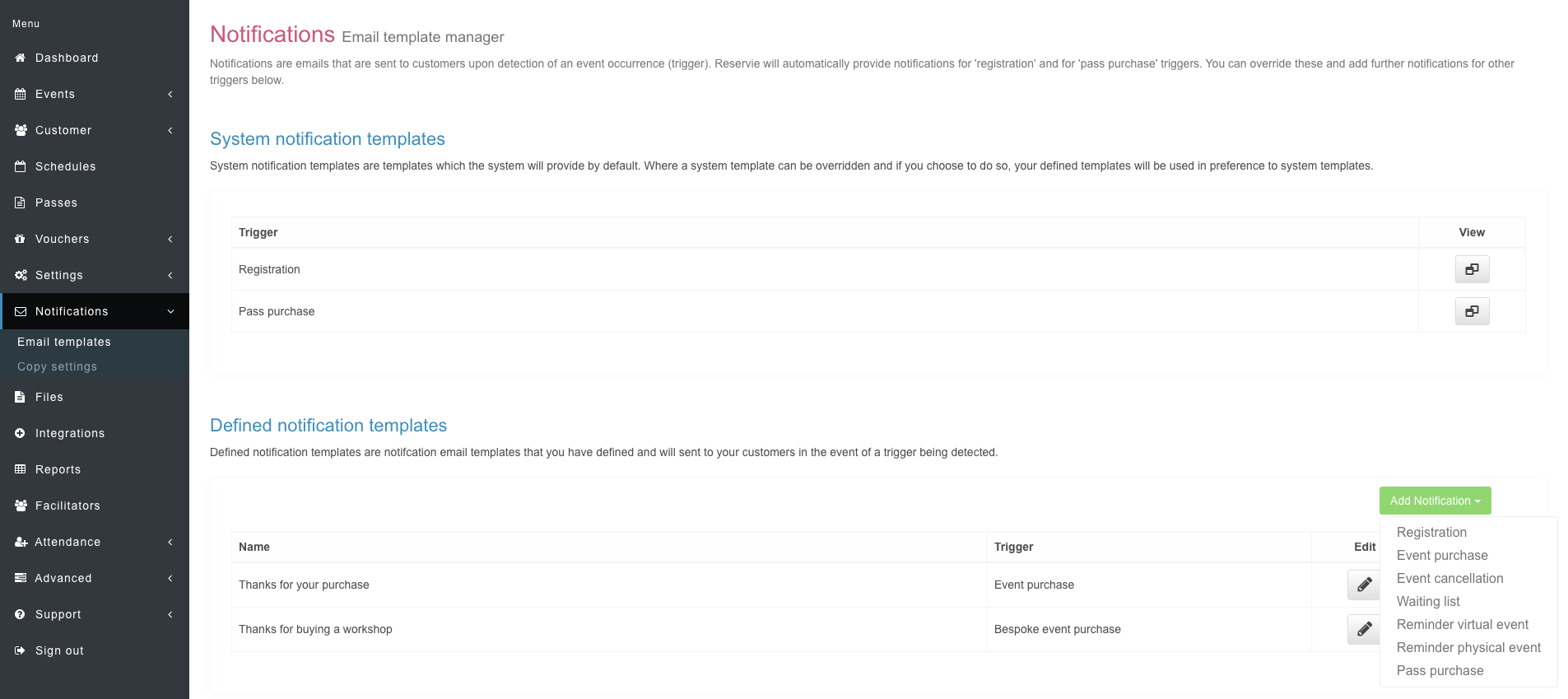 Step 2: reservie add notification dropdown with event purchase option