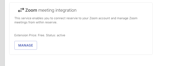 reservie integrations panel with zoom manage button to revoke access