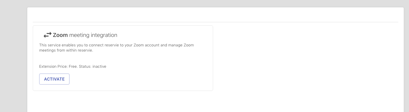 Step 3: reservie integrations panel showing zoom activate button