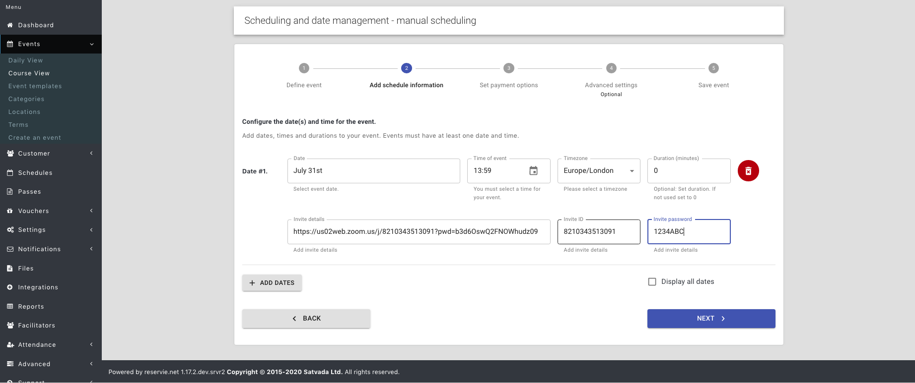 reservie event dates with zoom invite link, ID, and passcode input fields